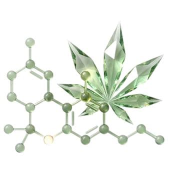 Darstellung von Hybrid Cannabis anhand von einem Cannabisblatt aus Kristallen